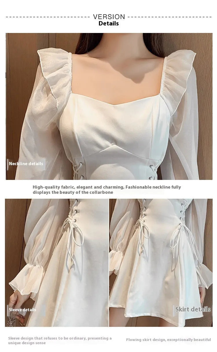White women's chiffon patchwork dress with long sleeves, a long skirt and a slim waist design.