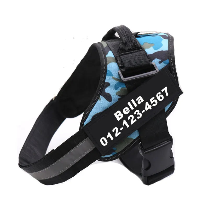 Nylon dog harness chest strap in light blue camouflage with reflective strip, stainless steel ring, and adjustable buckles