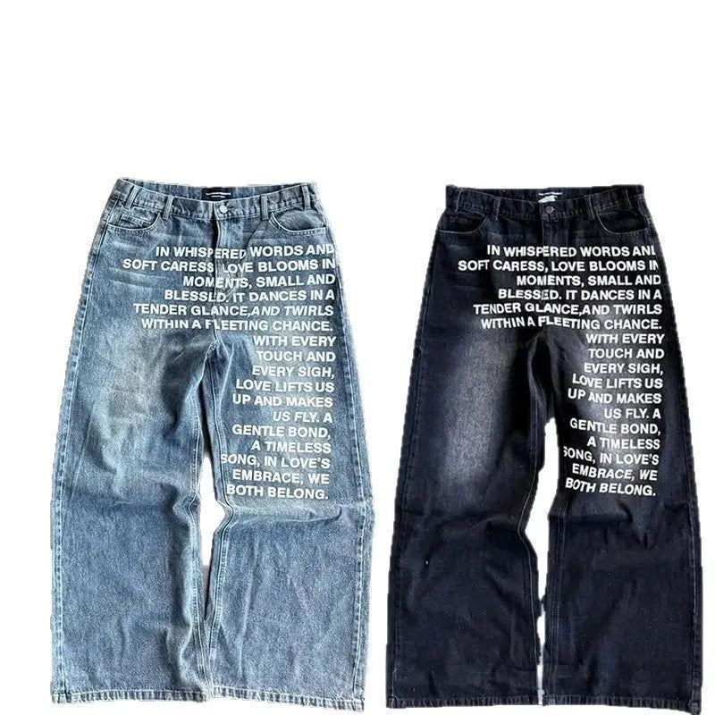 Men's black and blue cotton wide-leg straight casual trousers on a hanger, showing loose fit