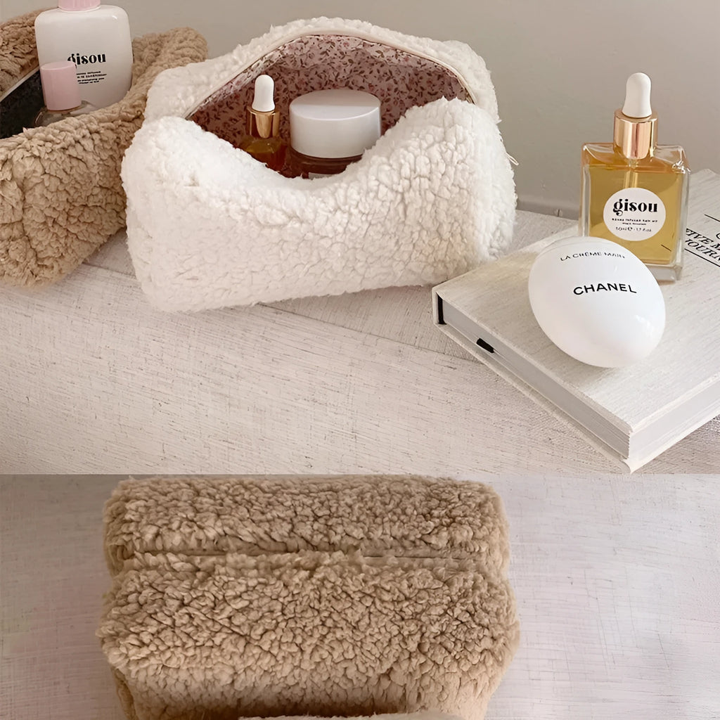 Teddy plush lambswool cosmetic bag 12x17x9.5cm in solid colour Japanese style for makeup storage