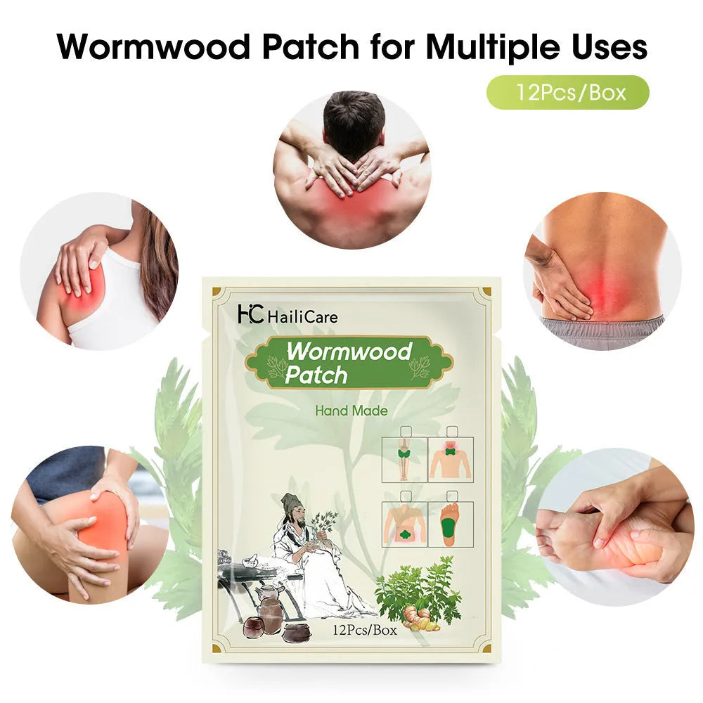 Chinese mugwort herbal patch set with knee, back, neck, and foot patches in 12-piece pack
