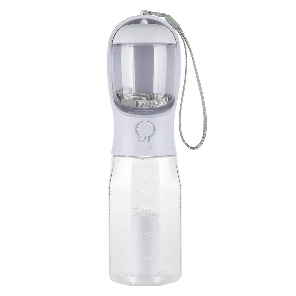 Portable 3-in-1 pet water bottle with 600ml capacity, leak-proof drinker, and poop dispenser in pink