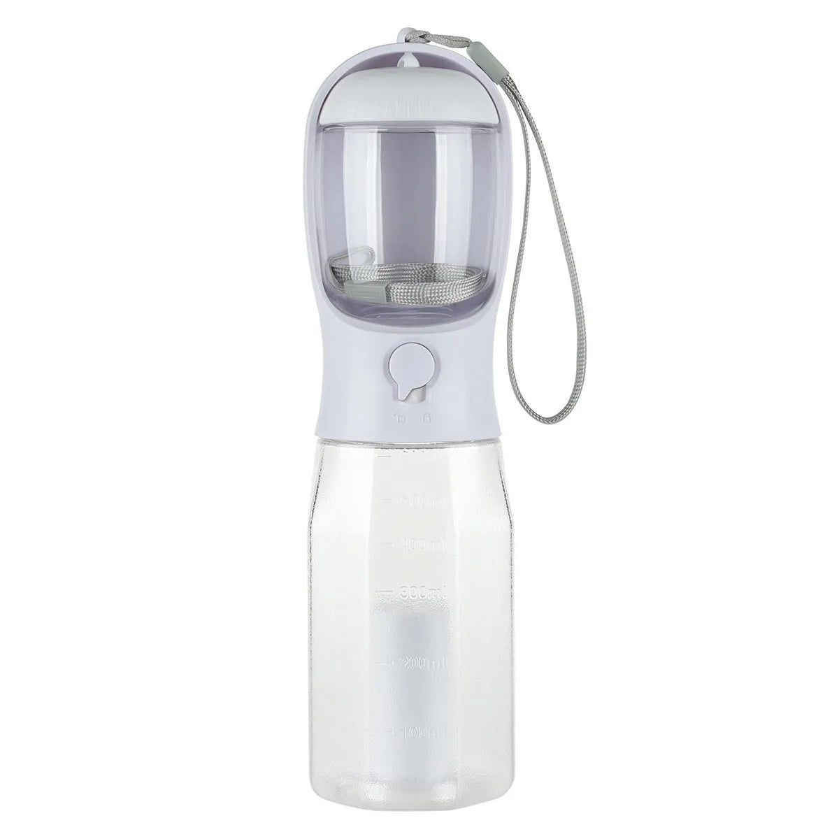 Portable 3-in-1 pet water bottle with 600ml capacity, leak-proof drinker, and poop dispenser in pink