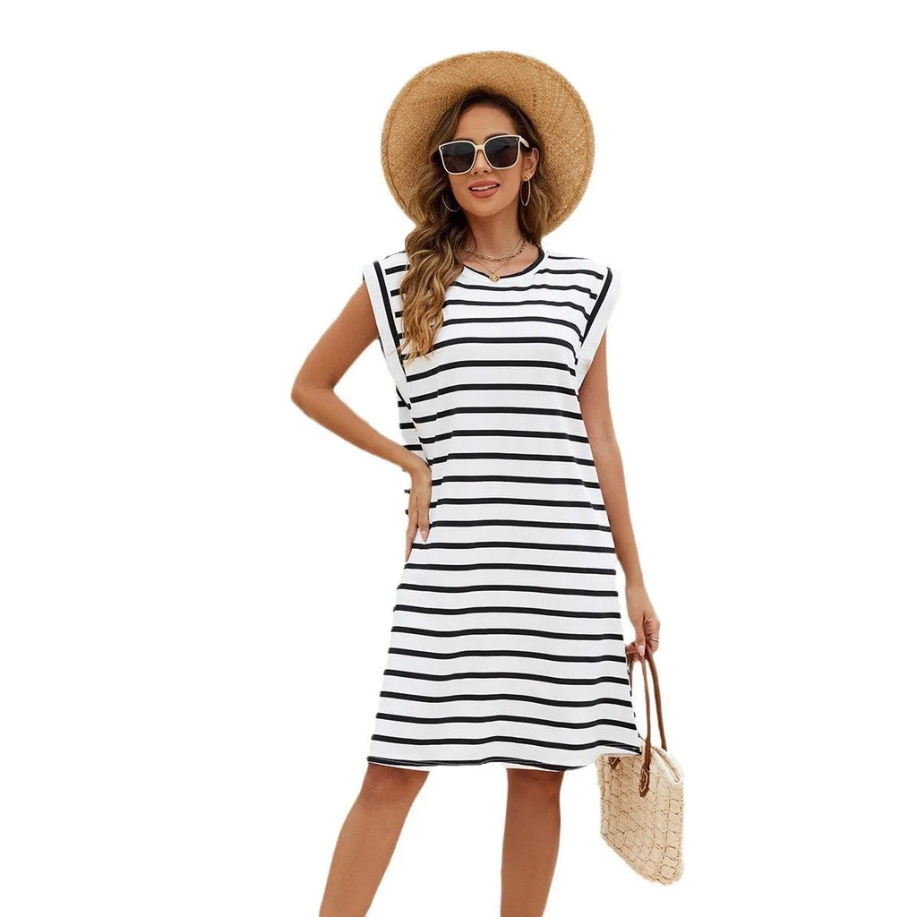 Women's black and white striped polyester beach cover-up blouse, free size