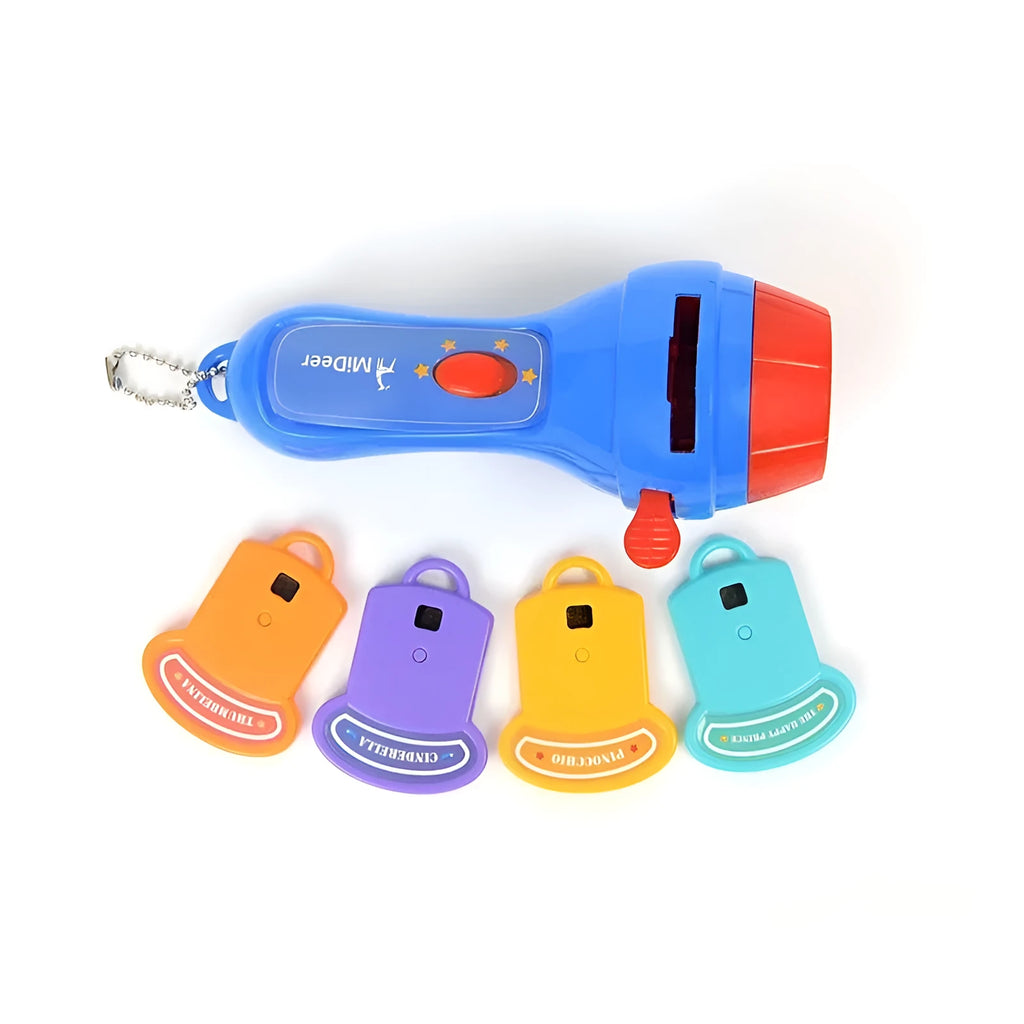SmartKids children's story projector torch with four coloured discs projecting fairy tale images on wall