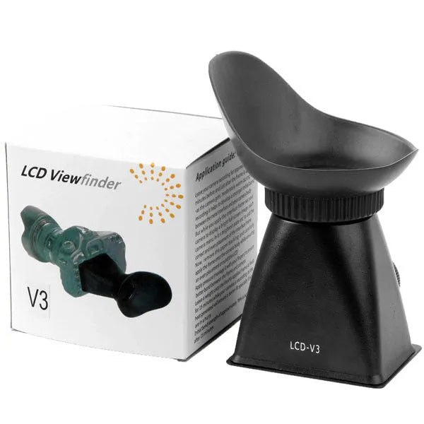 Black camera LCD viewfinder magnifier attached to a DSLR, showing a magnified screen display.