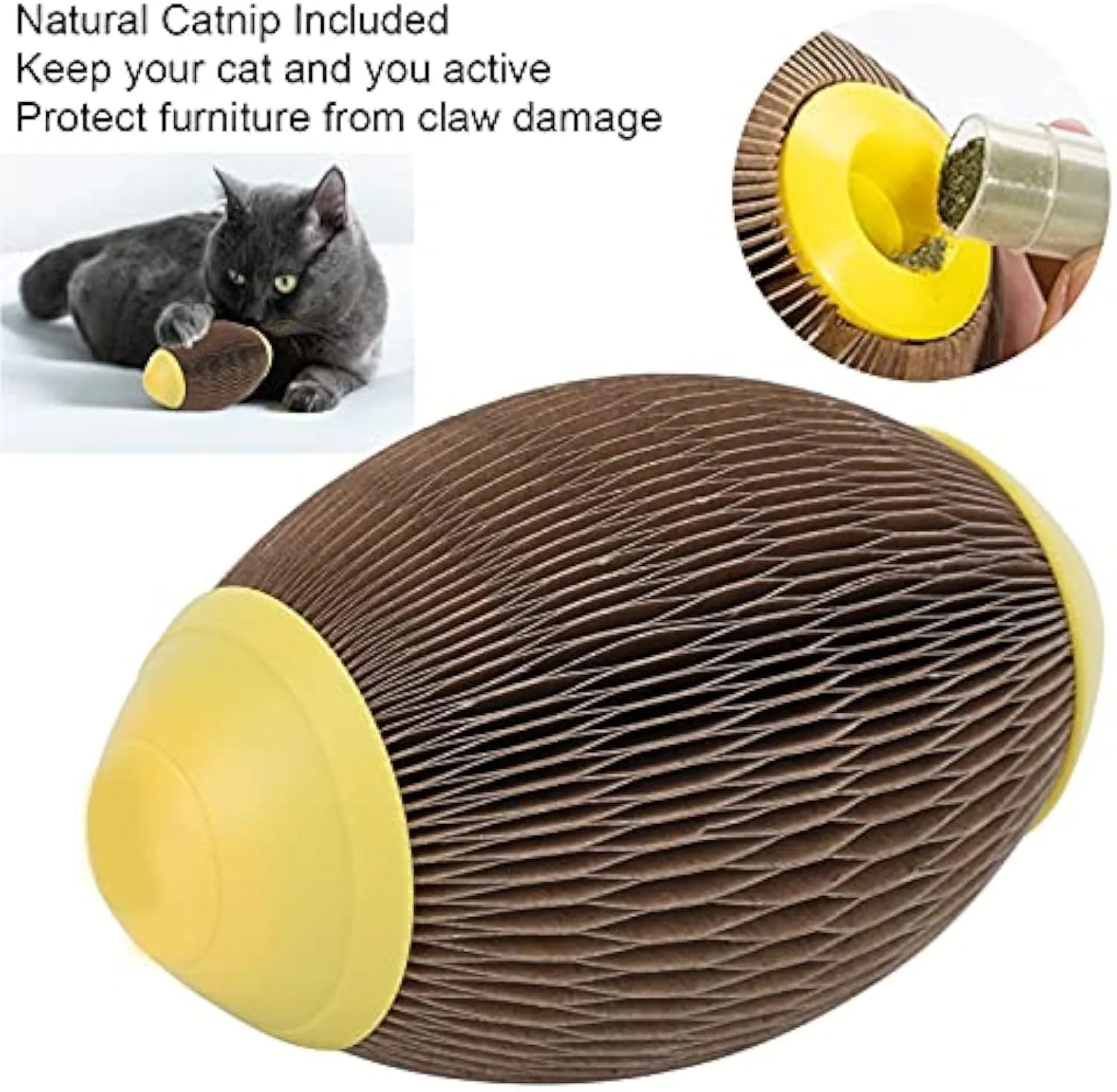 Ellipse-shaped catnip ball toy made of recycled corrugated paper for scratching and play.