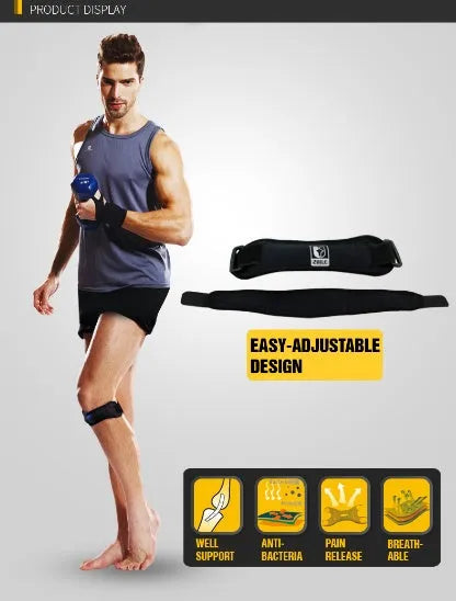 Black adjustable patella support band with sponge pad and plastic buckle for adults