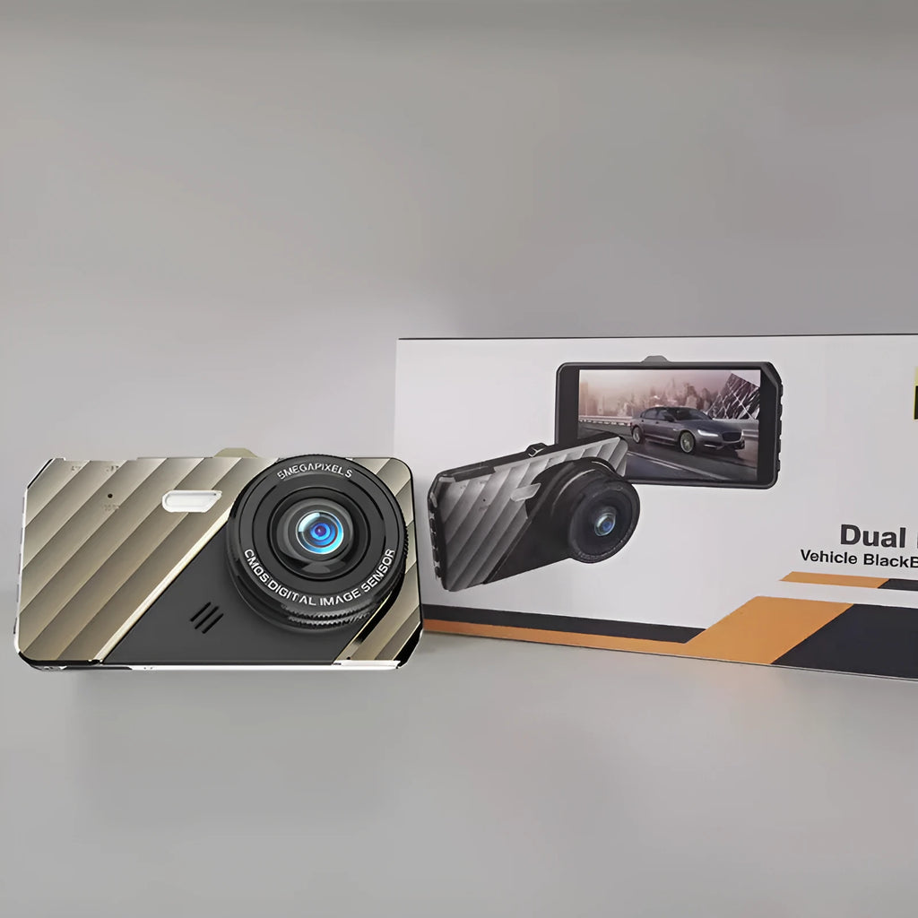 4 inch front and rear dual lens dashboard camera with touch screen display showing dual camera views