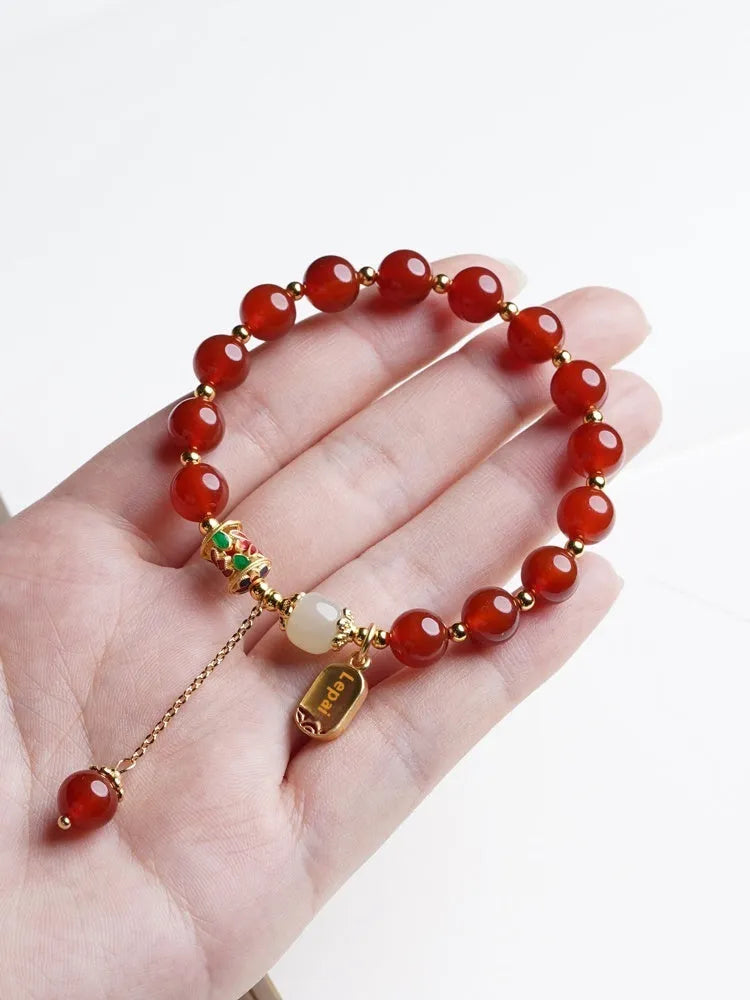 Red agate and Hetian jade beads bracelet for women with gold plating in three style variations
