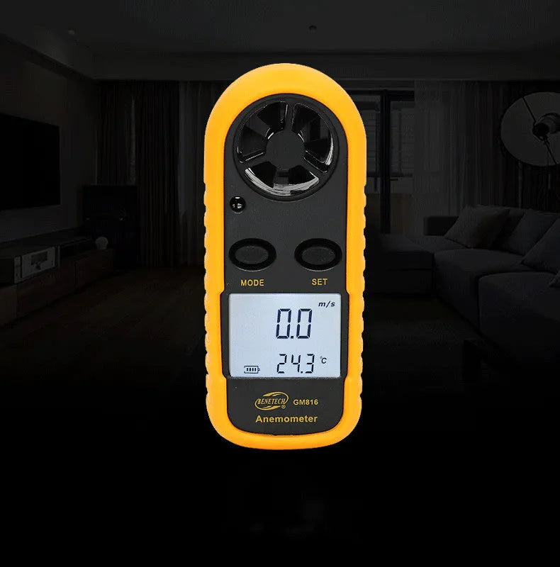 Biaozhi orange digital handheld anemometer showing wind speed display