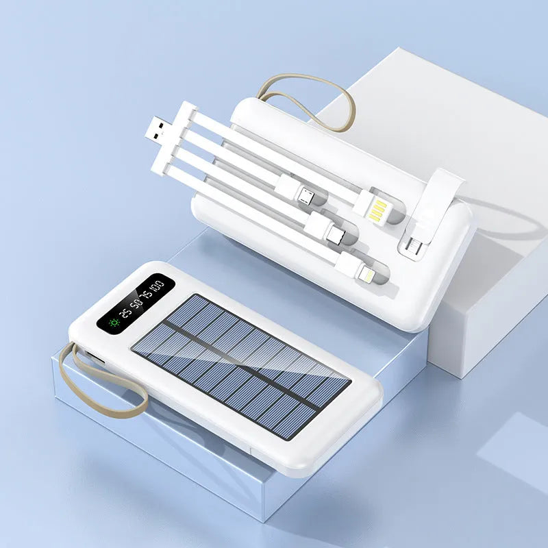 Black and white solar power bank showing front solar panel, dimensions 144mm x 68mm x 16mm, with included USB cable.