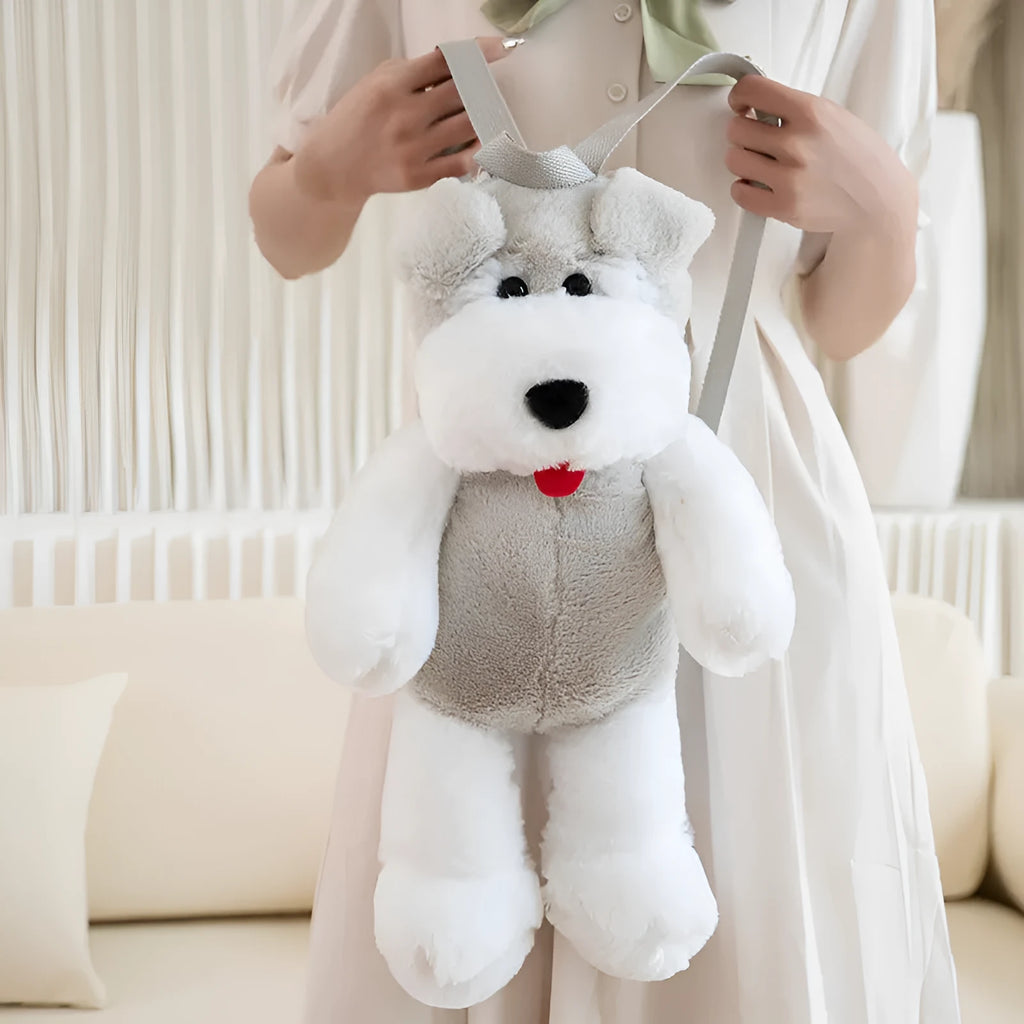 Light gray Schnauzer plush backpack with polyester lining, 45x22x20cm, ultra-light 0.34kg, for off-campus training