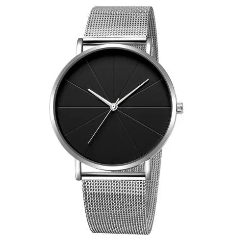 Stainless steel men's quartz watch with round dial, date window, and adjustable pin buckle on a white background.