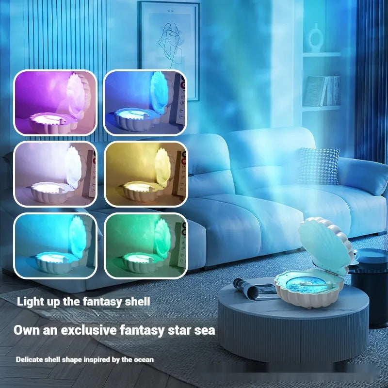 Retro vinyl record player shaped shell lamp with integrated speaker, shown in blue colour on a wooden table.