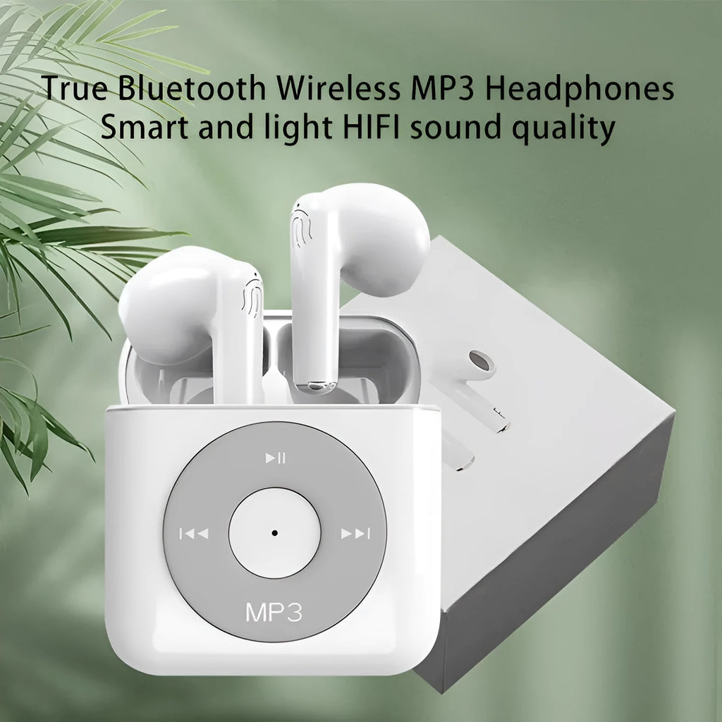 White wireless Bluetooth earphones and charging case on a table, showing semi-in-ear design.