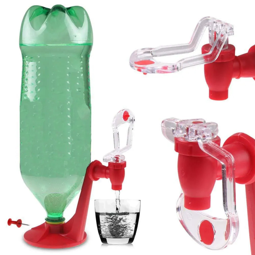 Red plastic Magic Tap soda dispenser attached to inverted 2-litre bottle