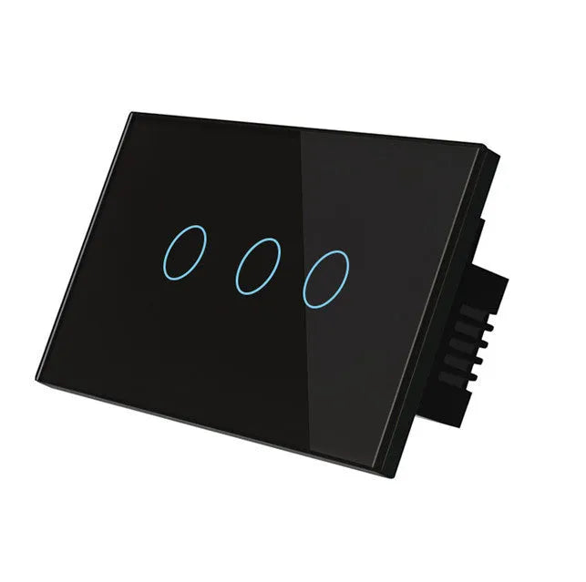 White 2-gang RF remote touch light switch with tempered glass panel and LED indicators