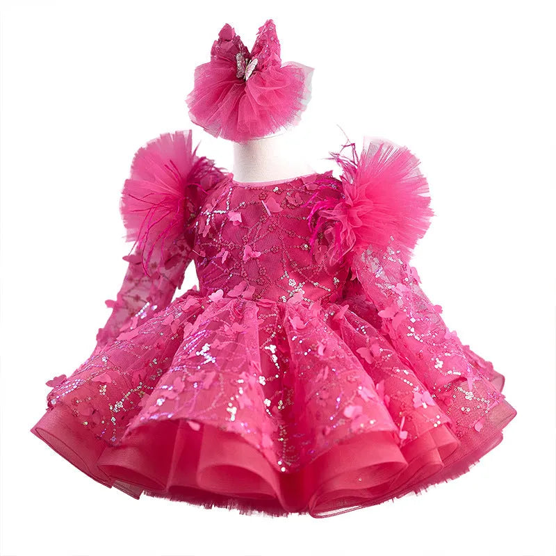 Rose red butterfly sequined long sleeve princess children's birthday party dress for girls 80-160cm