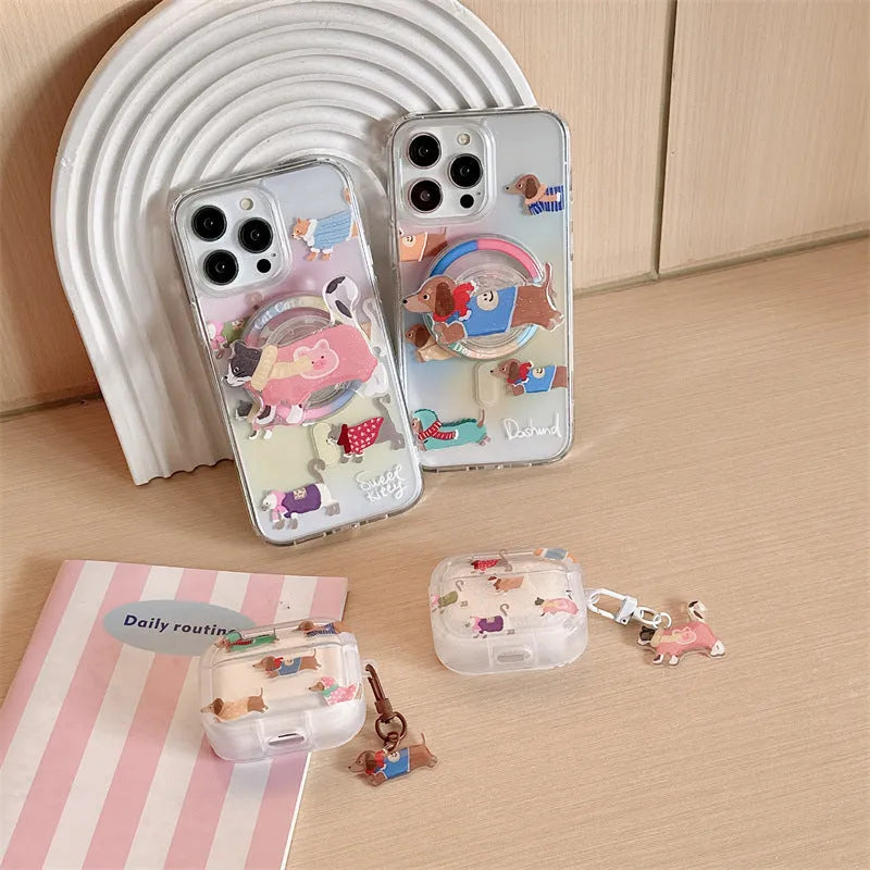 Gradient sausage dog TPU soft shell earphone protective case for AirPods with embossed cartoon design