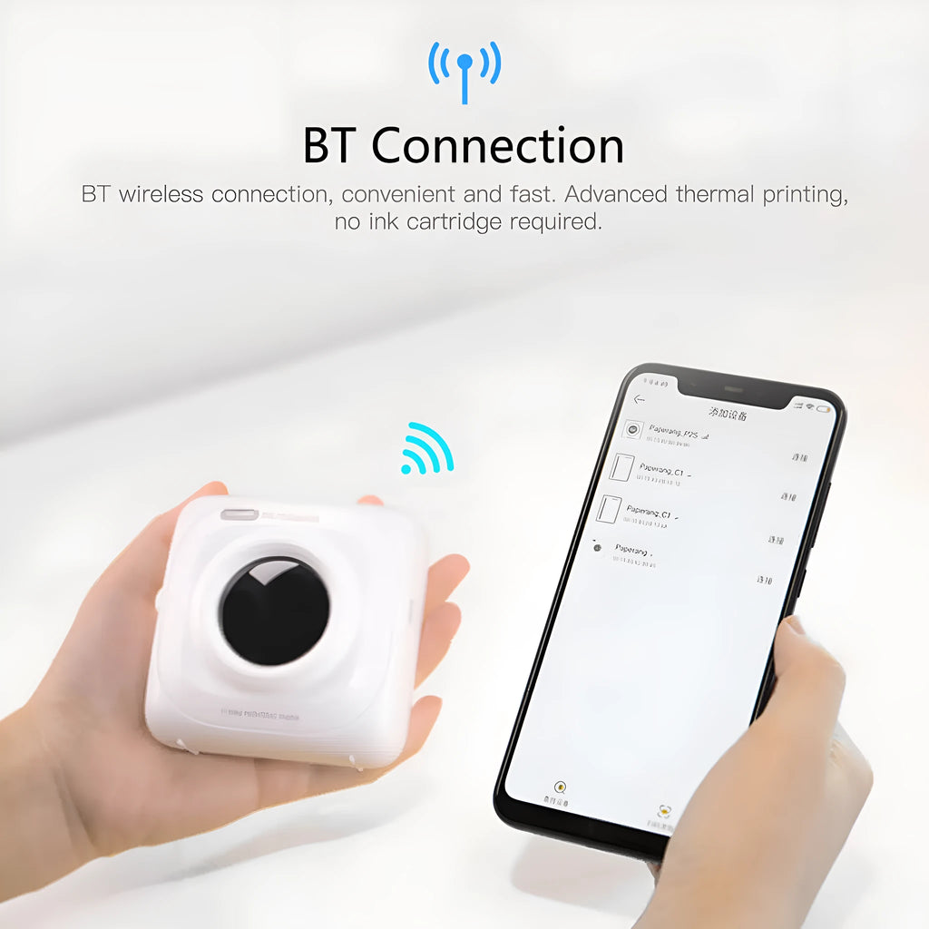 White pocket Bluetooth thermal label printer PAPERANG P2 on a table with smartphone app interface