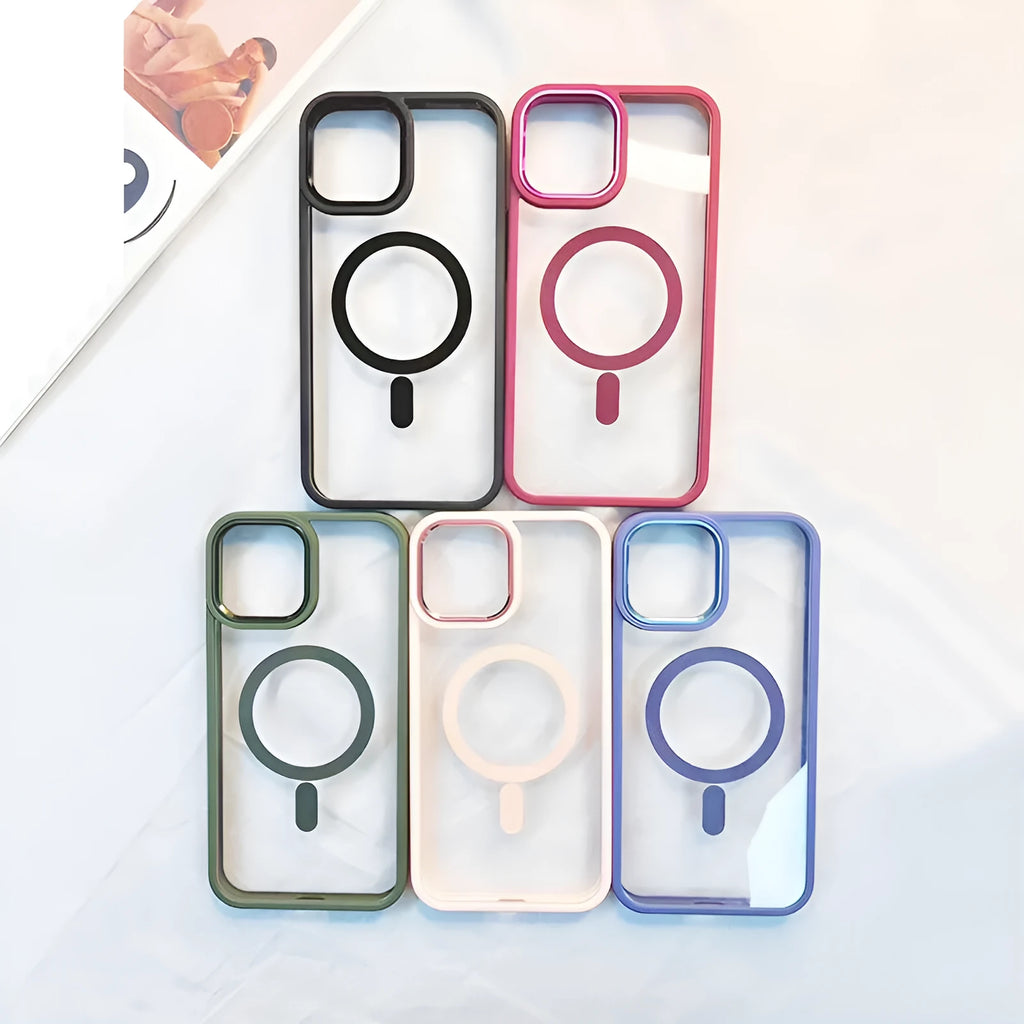 Clear magnetic phone case with coloured silicone bumper on an iPhone, showing MagSafe charger attachment.