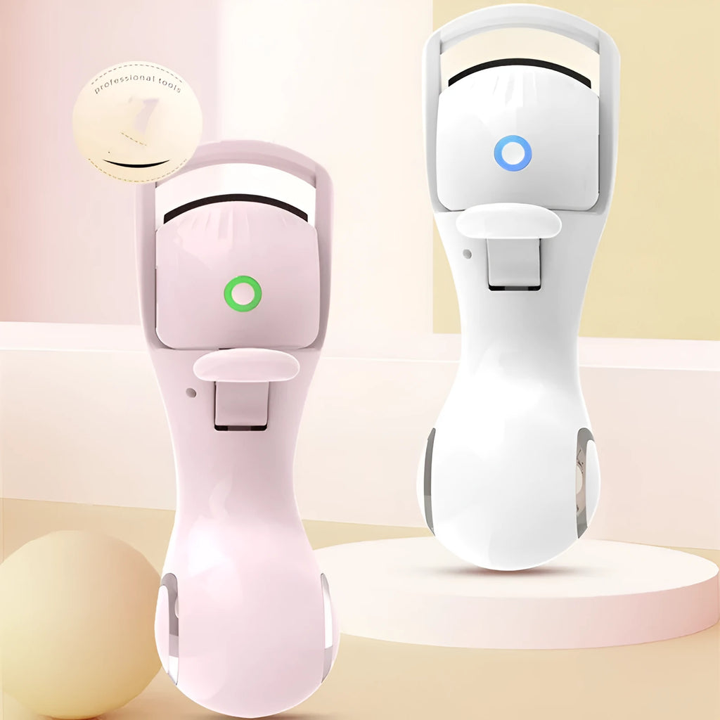 Electric eyelash curler in pink or white with silicone pad, USB cable, and three-speed temperature control.