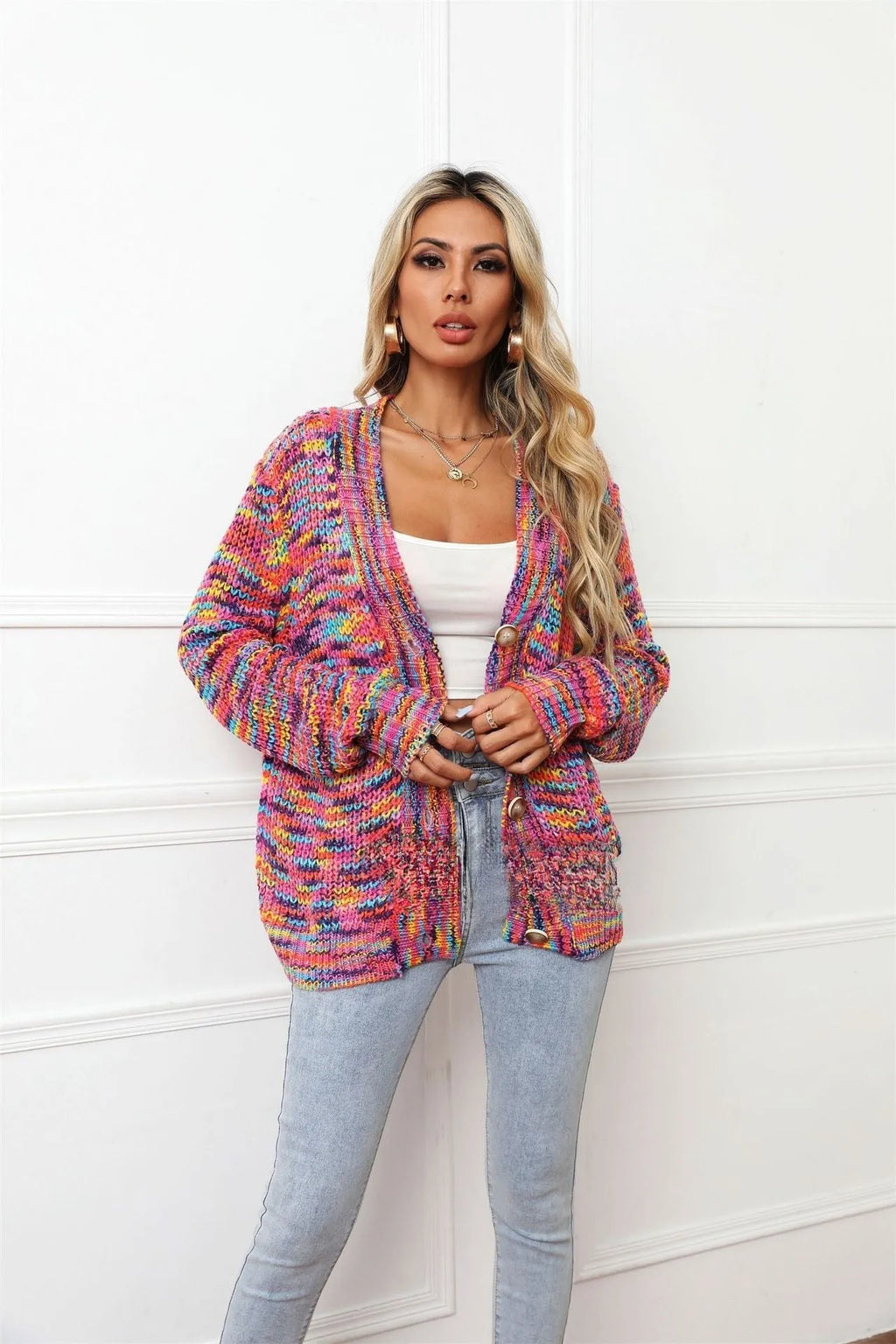 Rainbow mixed colour festival dyed short cardigan knitted coat with striped pattern