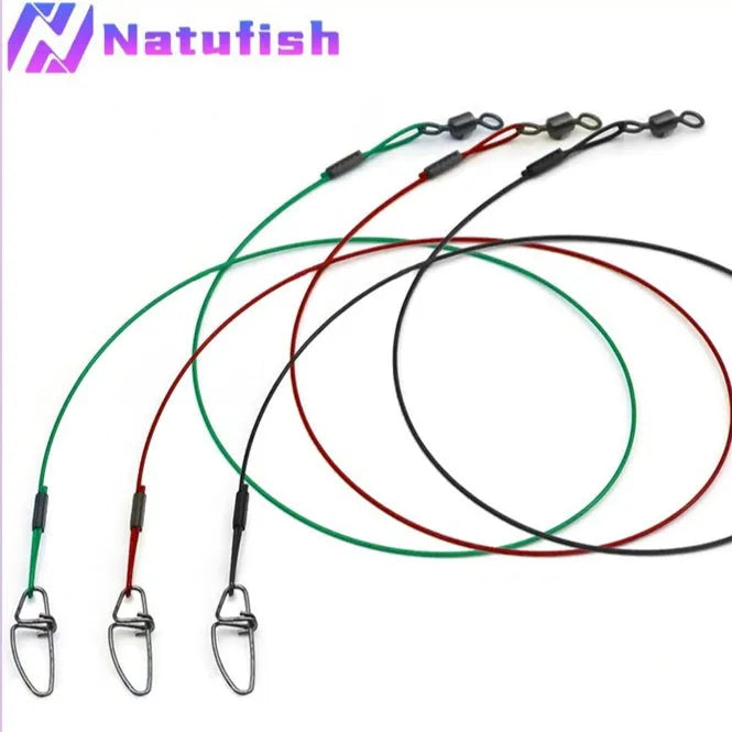 Set of 10 green steel wire fishing leaders with double buckle pins showing 54cm length measurement