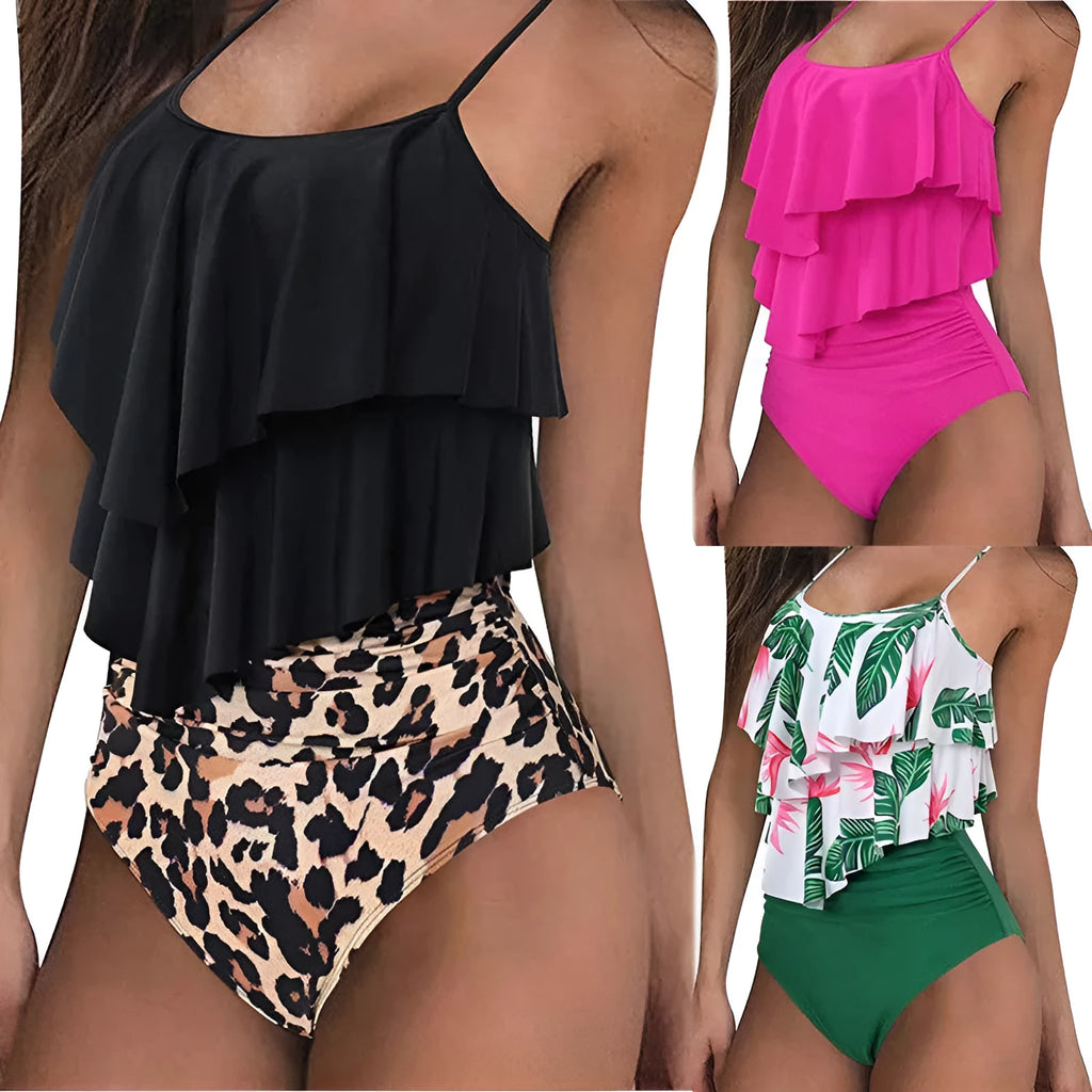 Ruffled bikini swimsuit two-piece set in polyester fibre, available in black, green, and rose red, sizes S-XL