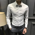 Men's long sleeve business shirt in solid white, black or dark grey, Korean-style cut, sizes M to 3XL