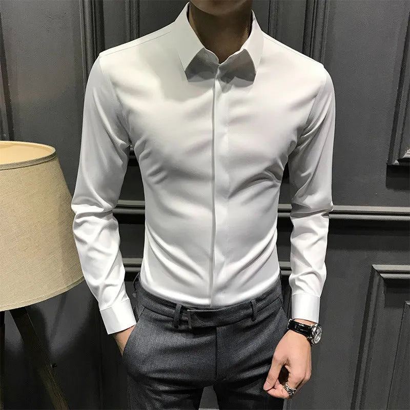 Men's long sleeve business shirt in solid white, black or dark grey, Korean-style cut, sizes M to 3XL