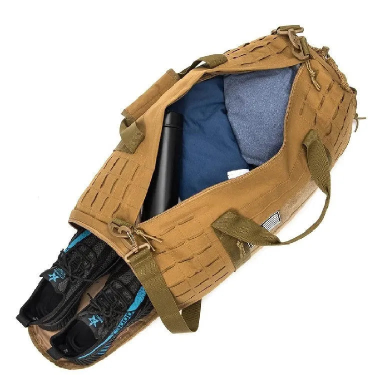 Men's khaki waterproof Oxford cloth sports duffel bag with handles and an air pillow belt.