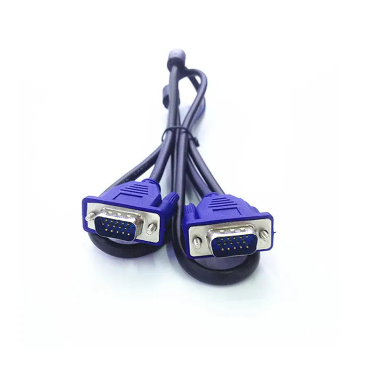 Black VGA cable with blue moulded head and nickel-plated terminals for computer to monitor connections