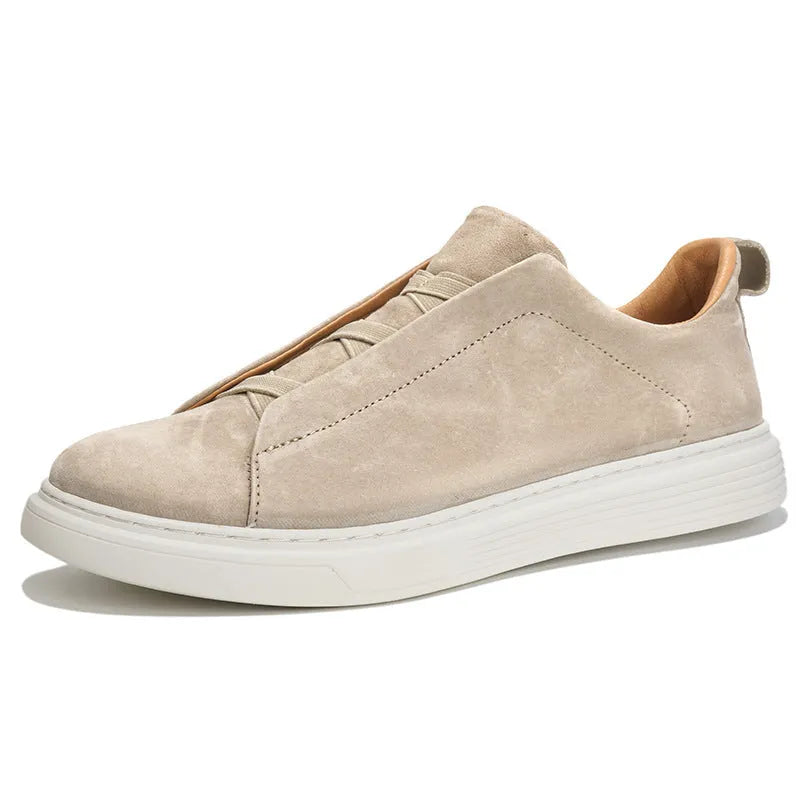 Men's elastic no-tie casual sneakers top pigskin leather upper rubber sole low top round toe solid colour flat heel shallow mouth size 37-46
