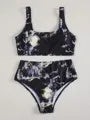 Women's marble tie-dye high waist bikini swimwear with U-neck design in separated two-piece style