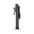 Black aluminium alloy Bluetooth selfie stick tripod extended to show its length, with a mobile phone attached.