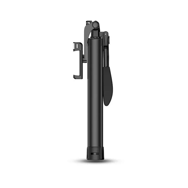 Black aluminium alloy Bluetooth selfie stick tripod extended to show its length, with a mobile phone attached.