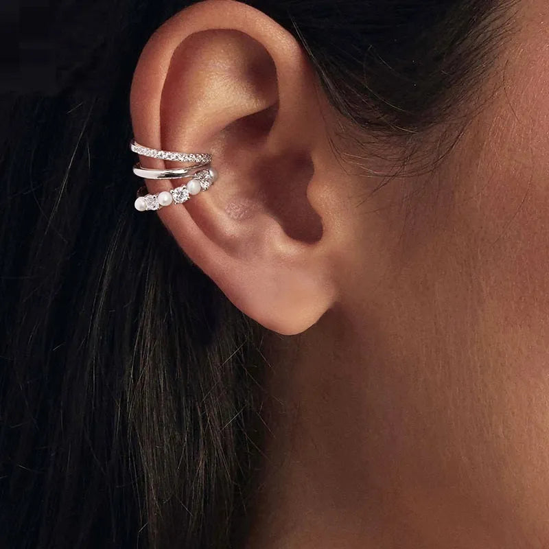 S925 sterling silver geometric ear clip with line design, electroplated finish, colour MSE106
