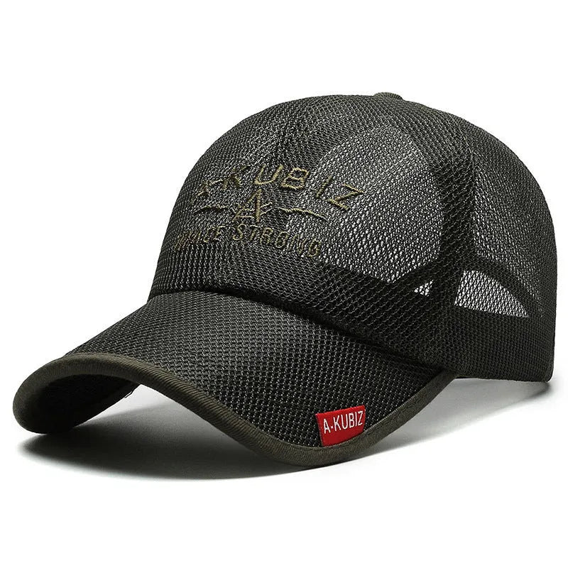 Men's cotton mesh baseball cap in Army Green with an adjustable strap, shown from the side.