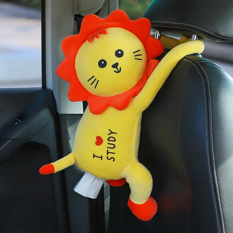 Soft plush car headrest tissue box holder in a cute animal character style.