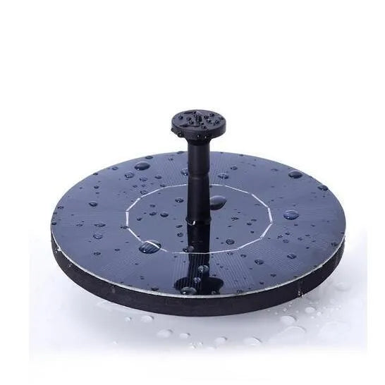 Black solar-powered garden water fountain pump with four different spray nozzle attachments