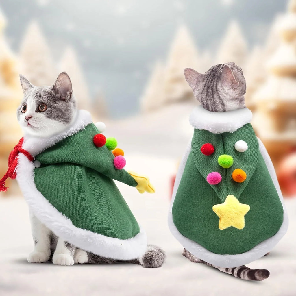 Cat wearing brown Christmas cape with velvet stars hat, S size, festive pet outfit