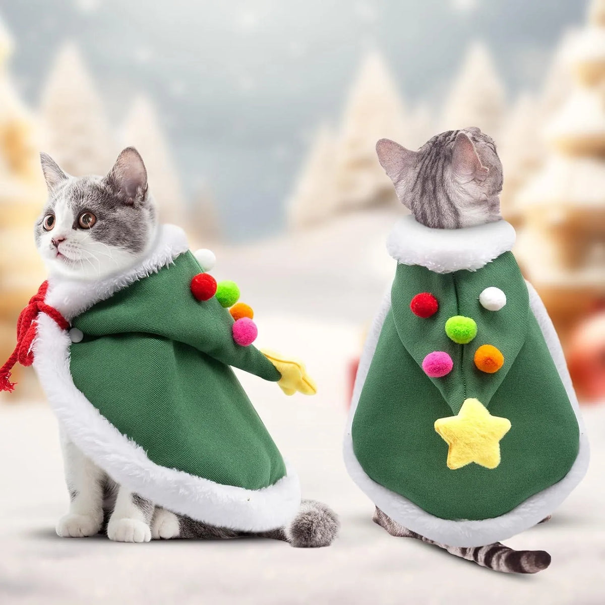 Cat wearing brown Christmas cape with velvet stars hat, S size, festive pet outfit