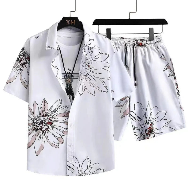 Man wearing a digitally printed cardigan and shorts loungewear set in polyester.