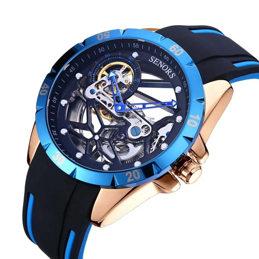 Men's skeleton automatic watch with rose gold finish showing mechanical movement through open dial