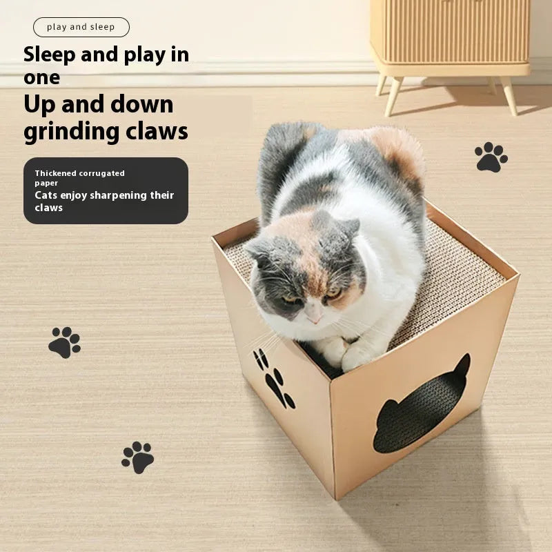 Vertical corrugated paper cat scratch board in pet milk carton design measuring 30cm cube