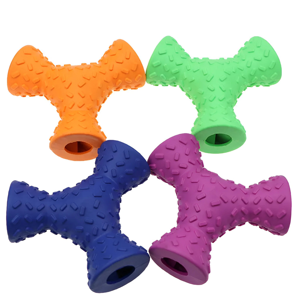 Trihedron pet toys durable food dispensing dog toy treat ball in blue, green, orange, and purple colours