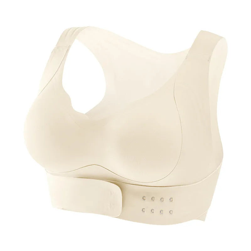 Women's front buckle sports bra for yoga and cross training with 3/4 cup moulded design