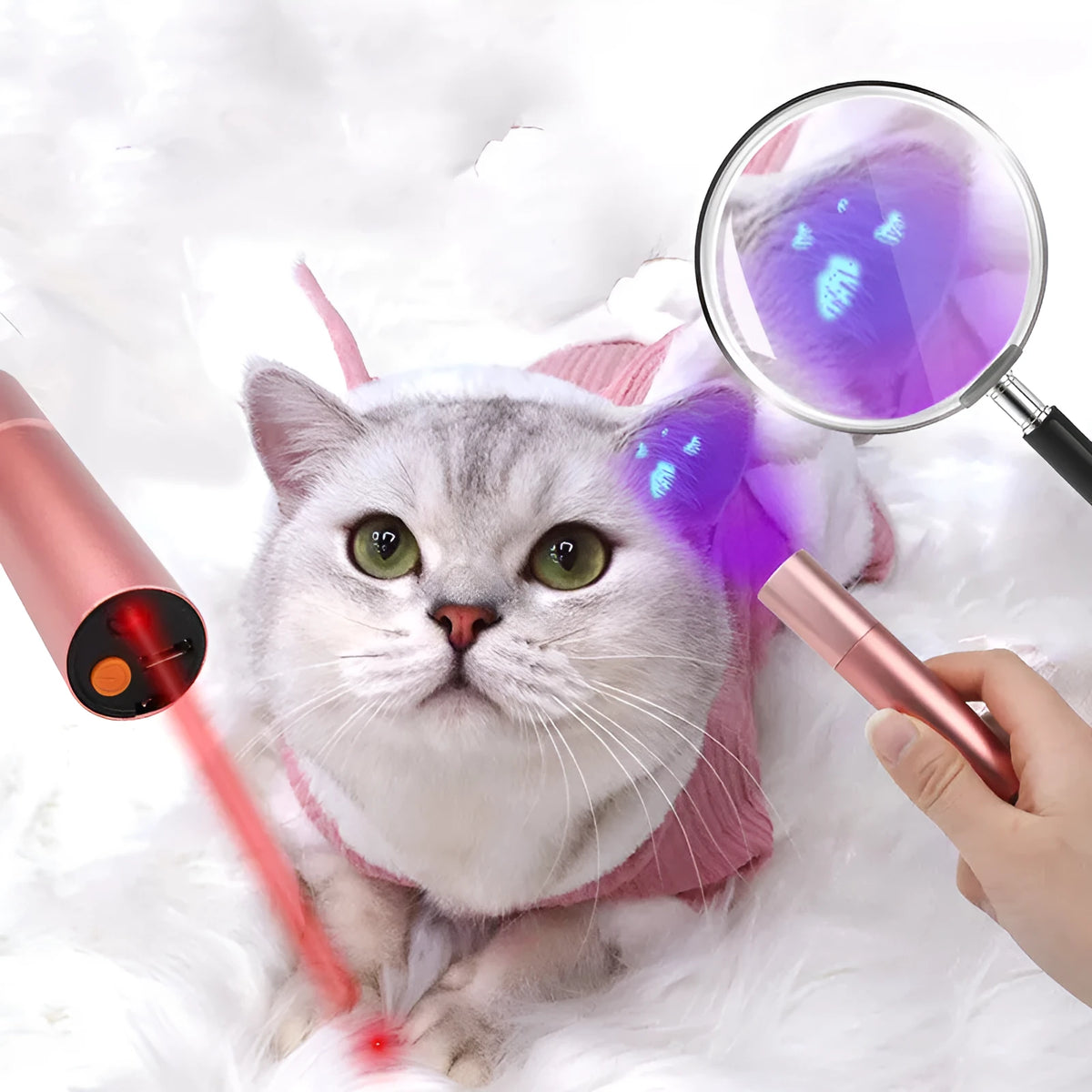 2 in 1 cat ringworm detection lamp and laser cat stick in aluminium alloy, 9.8cm x 2cm, Rose Gold or Black